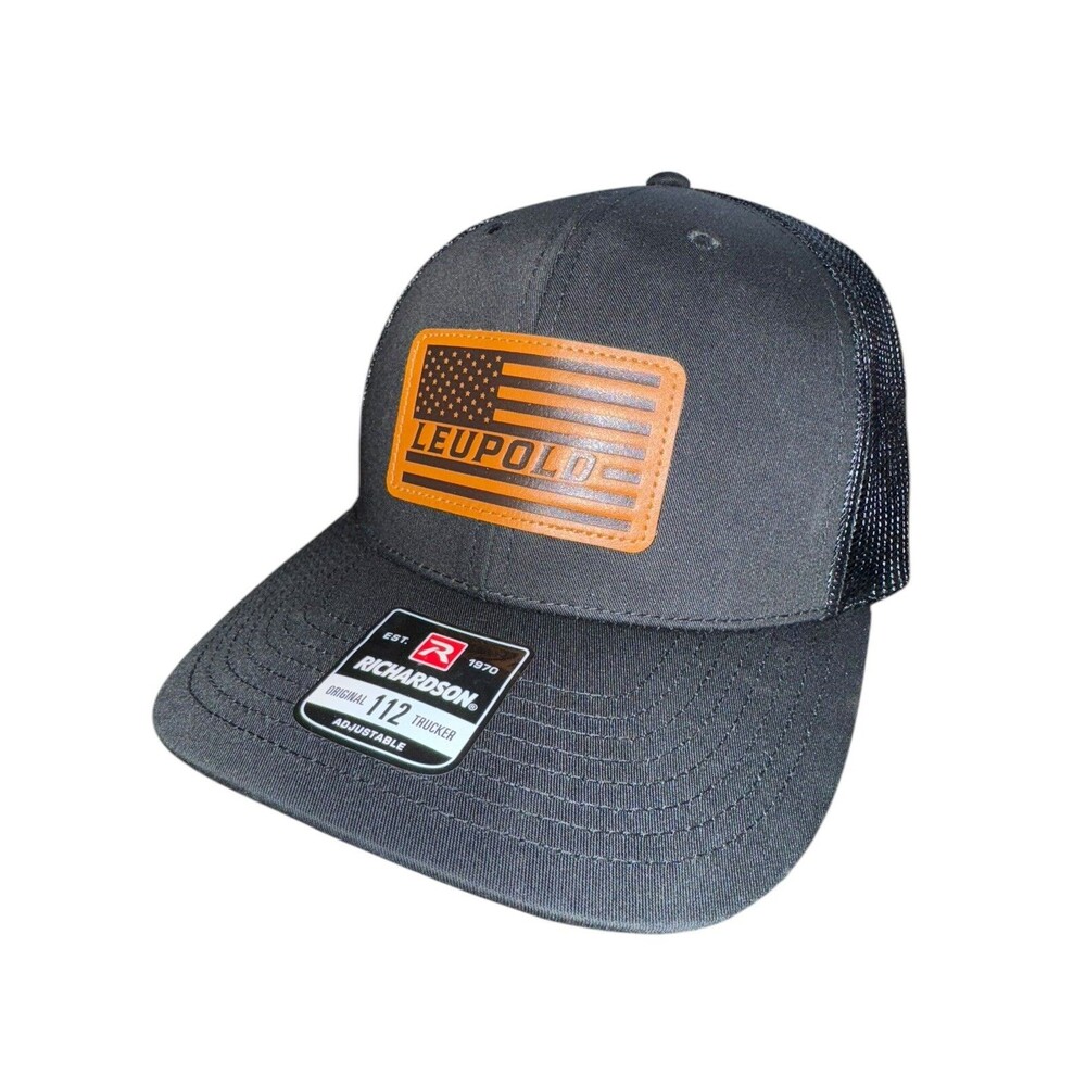 New Leupold Optics Leather Flag Patch Black Truckers Snap-Back Hat Richardson